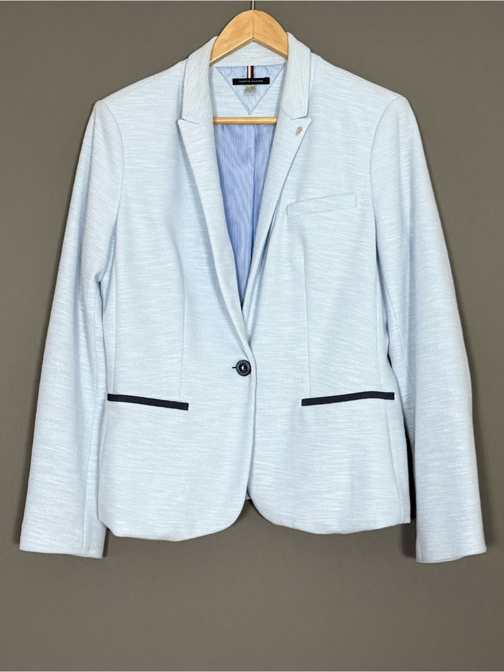 Tommy Hilfiger One-Button Elbow Patch Blazer Womens Light Blue Knit Sz 12 Preppy